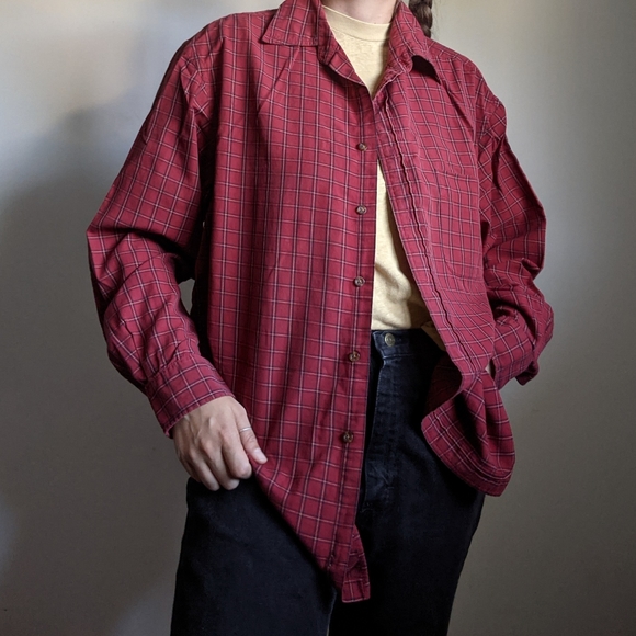 Thin cotton button front red plaid shirt - Picture 2 of 5